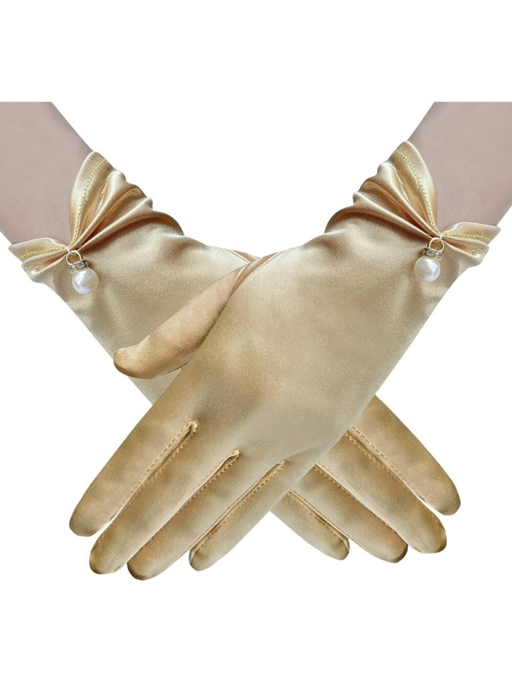 Women Gold Elegant Pearl Short Opera Dinner Halloween Floral Lace Gloves